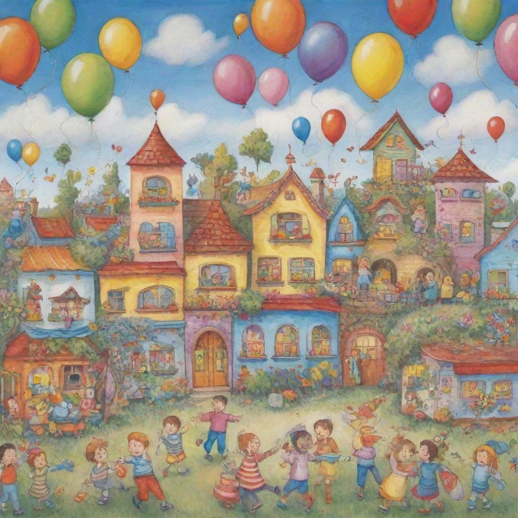 An image of a whimsical, multicolored almost cartoon-like scene, brimming with joy and cheerfulness.