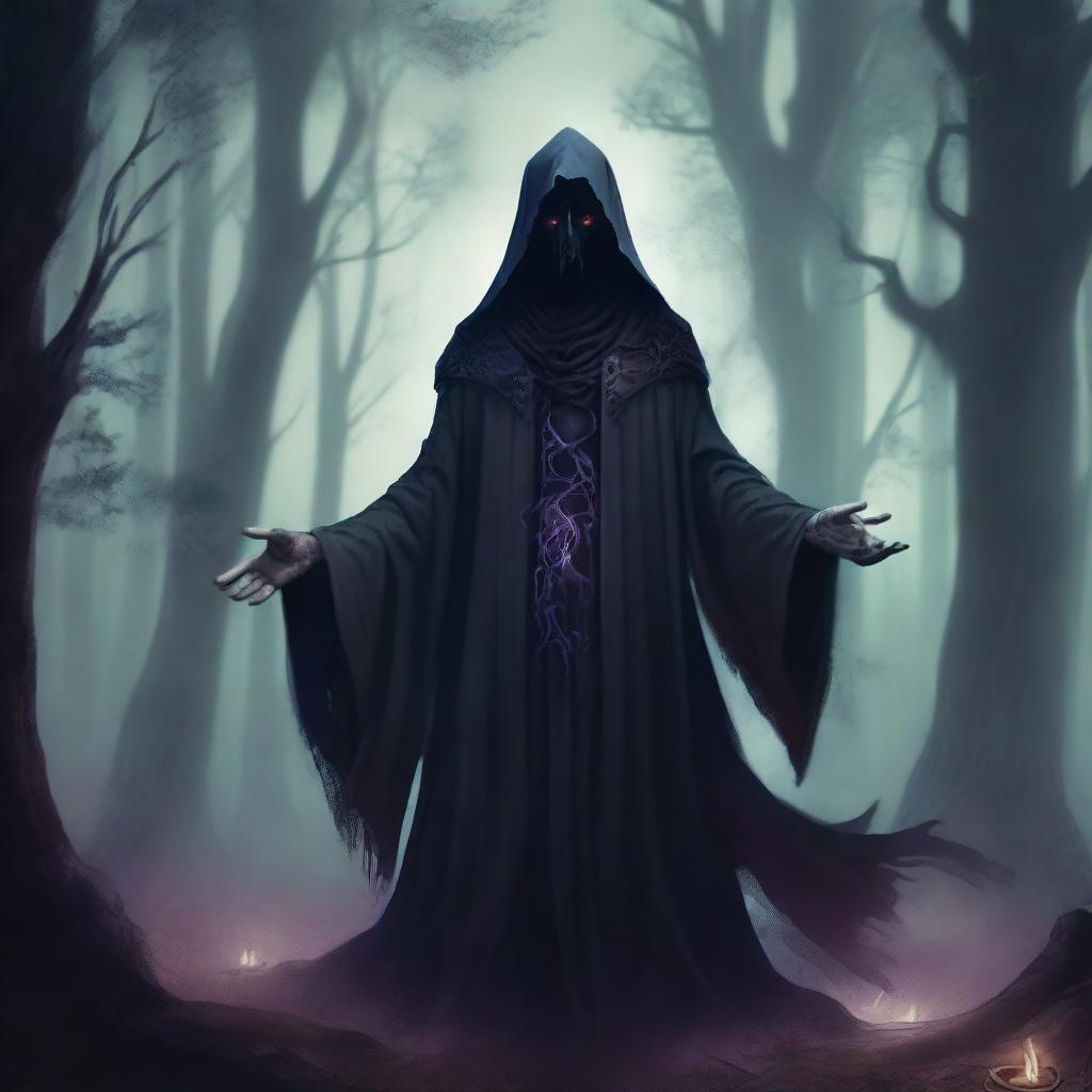 A four-armed dark wizard standing in a mystical, shadowy forest