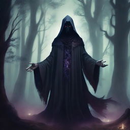 A four-armed dark wizard standing in a mystical, shadowy forest