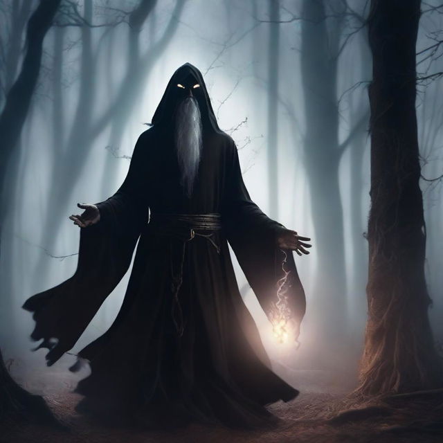 A four-armed dark wizard standing in a mystical, shadowy forest