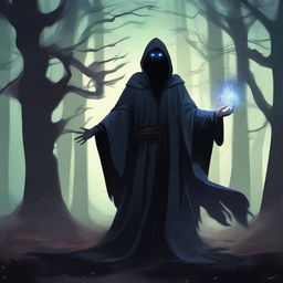 A four-armed dark wizard standing in a mystical, shadowy forest