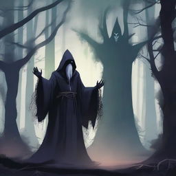 A four-armed dark wizard standing in a mystical, shadowy forest