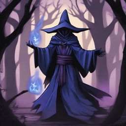 A four-armed dark magician standing in a mystical, shadowy forest