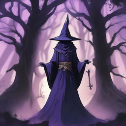 A four-armed dark magician standing in a mystical, shadowy forest