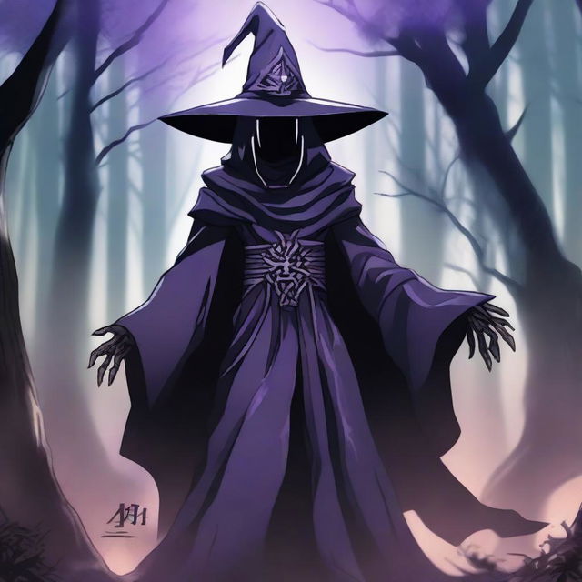 A four-armed dark magician standing in a mystical, shadowy forest