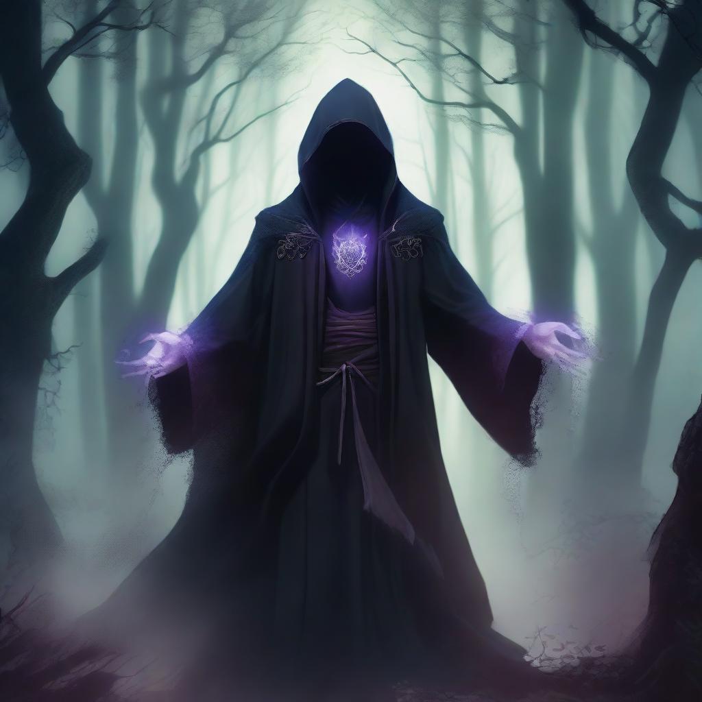 A dark mage with four arms standing in a mystical, shadowy forest