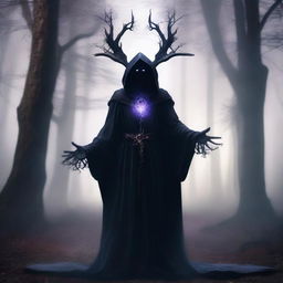 A dark mage with four arms standing in a mystical, shadowy forest