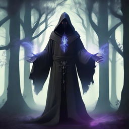 A dark mage with four arms standing in a mystical, shadowy forest