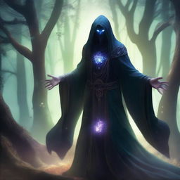 A mage with four arms standing in a mystical, shadowy forest