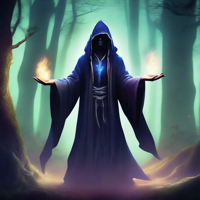 A mage with four arms standing in a mystical, shadowy forest