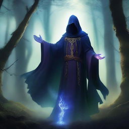 A mage with four arms standing in a mystical, shadowy forest