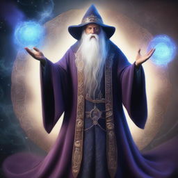 A fantastical wizard with four arms, each holding a different magical artifact