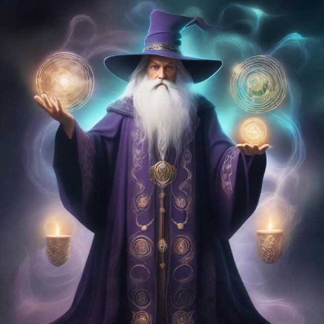 A fantastical wizard with four arms, each holding a different magical artifact