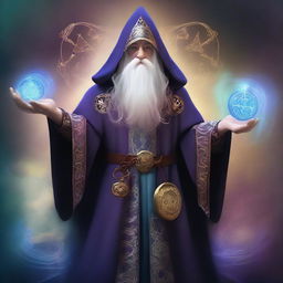 A fantastical wizard with four arms, each holding a different magical artifact