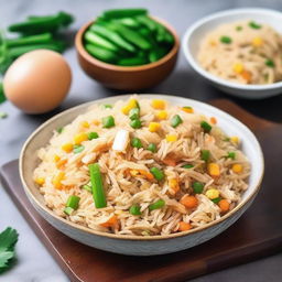 A detailed and appetizing image of egg fried rice without peas