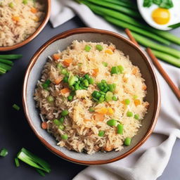 A detailed and appetizing image of egg fried rice without peas