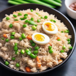 A detailed and appetizing image of egg fried rice without peas