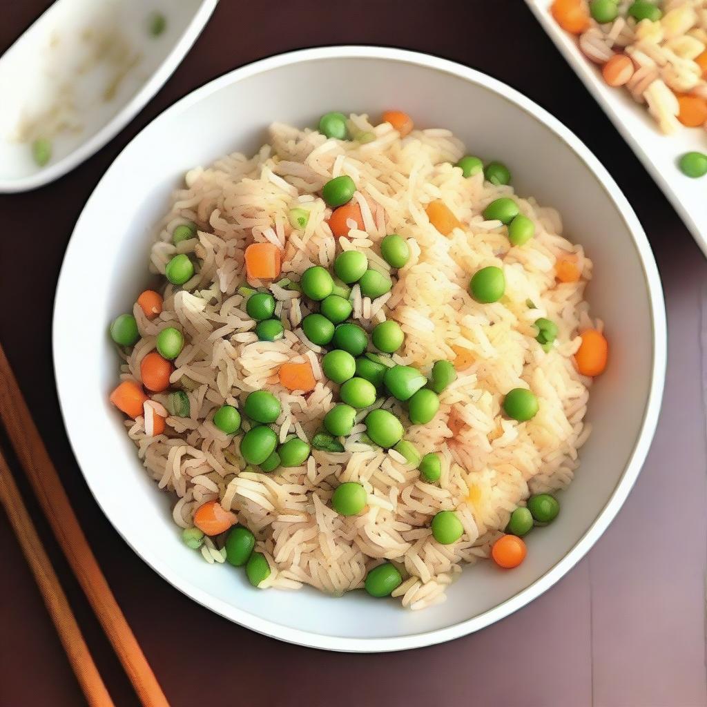 A detailed and appetizing image of egg fried rice without any green circles like peas or green onions