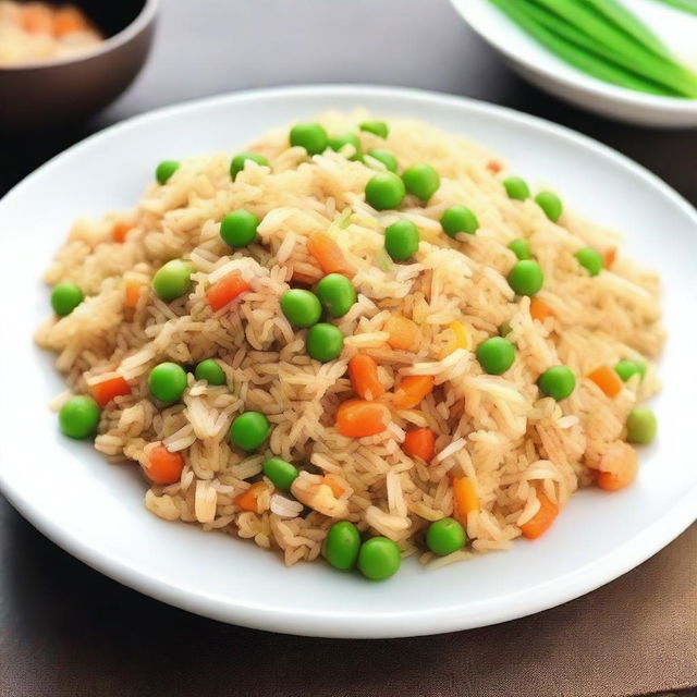 A detailed and appetizing image of egg fried rice without any green circles like peas or green onions