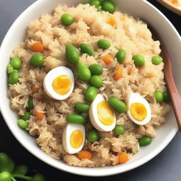 A detailed and appetizing image of egg fried rice without any green circles like peas or green onions