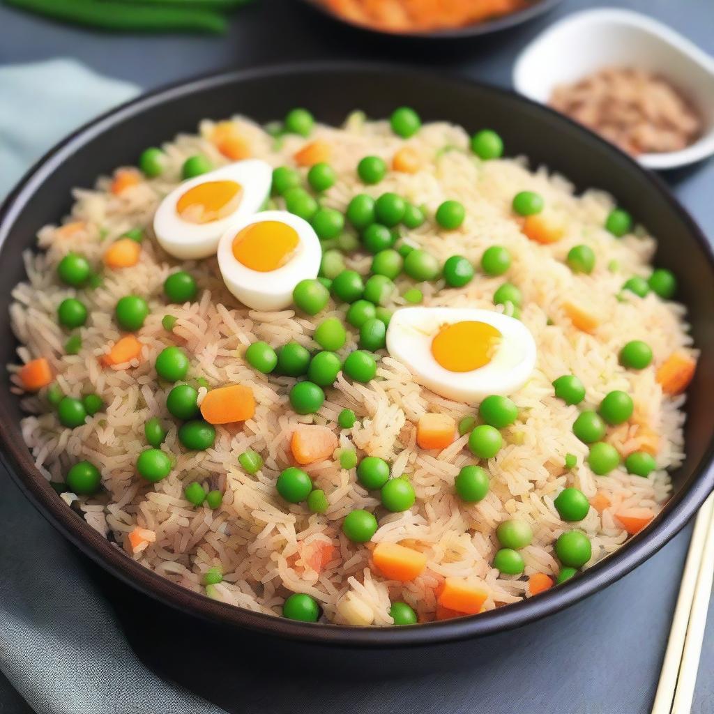 A detailed and appetizing image of egg fried rice with peas