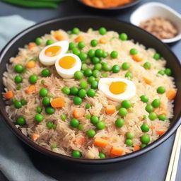 A detailed and appetizing image of egg fried rice with peas