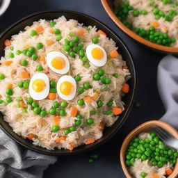 A detailed and appetizing image of egg fried rice with peas