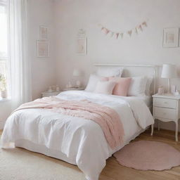 A pristine white bed cover in a little girl's bedroom, surrounded by delicate pastel color decorations, giving off a peaceful and charming atmosphere.