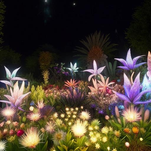 An enchanting magical garden, filled with radiant, oversized blossoms of all colors, bioluminescent plants that glow in the dark, wandering mythical creatures, sparkling water features, and a canopy of starlit vines overhead.