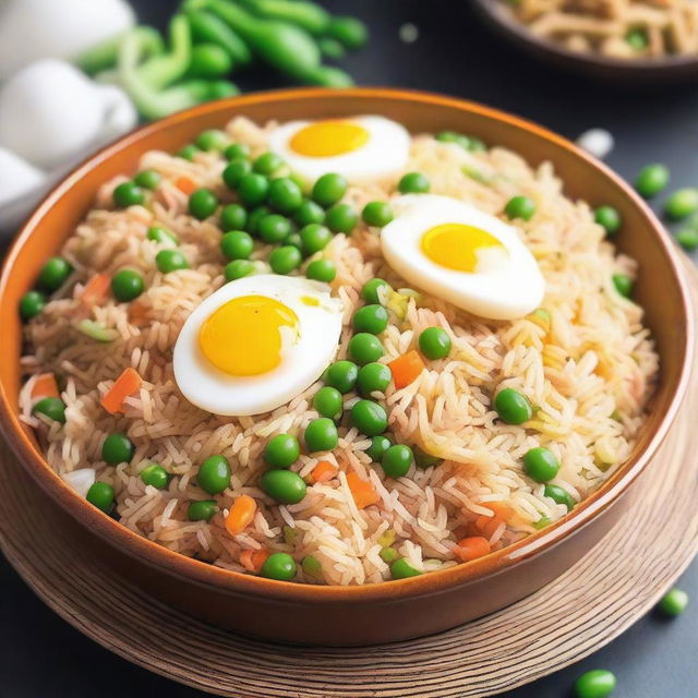 A detailed and appetizing image of egg fried rice with peas