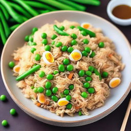 A detailed and appetizing image of egg fried rice with peas