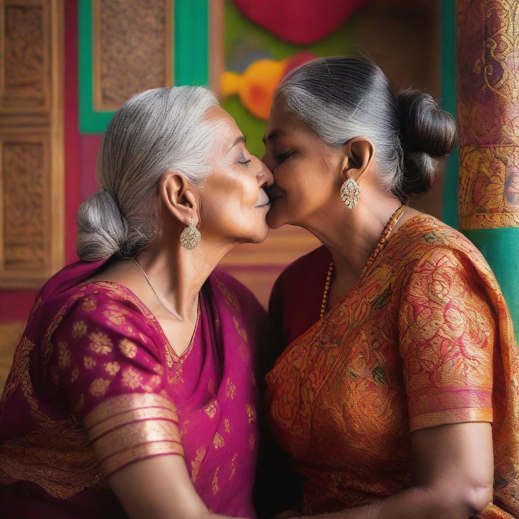 A heartwarming scene of a young Indian woman and an older Indian woman sharing a kiss