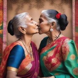 A heartwarming scene of a young Indian woman and an older Indian woman sharing a kiss