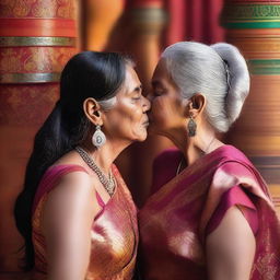 A heartwarming scene of a young Indian woman and an older Indian woman sharing a kiss