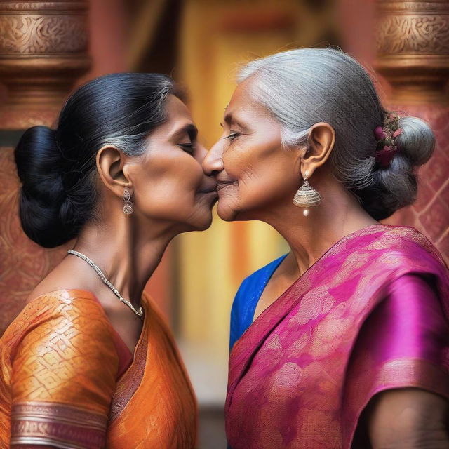 A heartwarming scene of a young Indian woman and an older Indian woman sharing a kiss