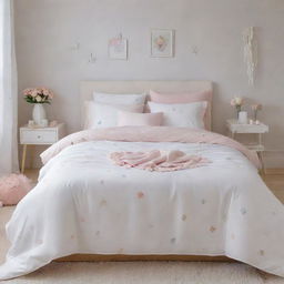 A pristine white bed cover in a little girl's bedroom, surrounded by delicate pastel color decorations, giving off a peaceful and charming atmosphere.