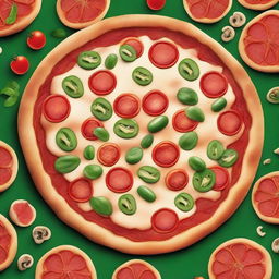 A whimsical and detailed image of a pizza with smaller pizzas as toppings