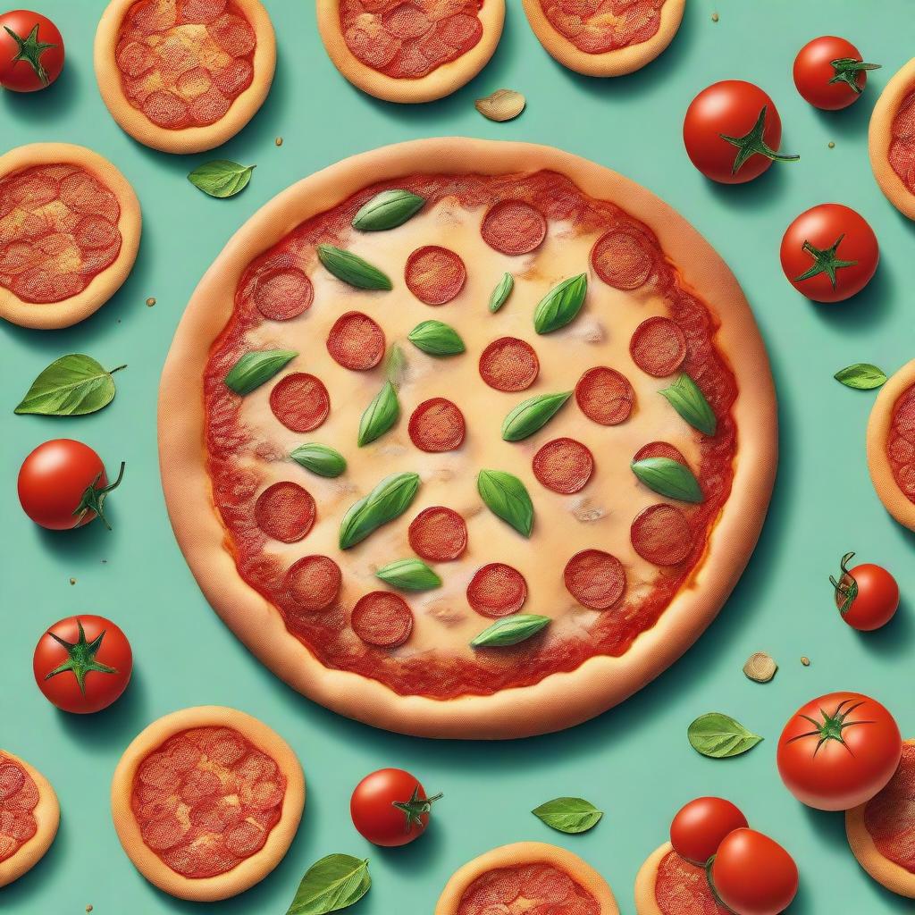 A whimsical and detailed image of a pizza with smaller pizzas as toppings