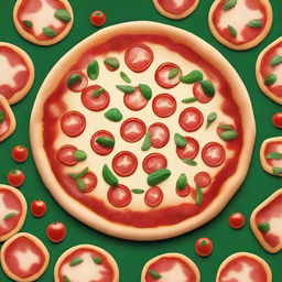 A whimsical and detailed image of a pizza with smaller pizzas as toppings