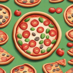 A whimsical and detailed image of a pizza with smaller pizzas as toppings