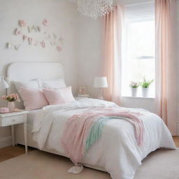 A pristine white bed cover in a little girl's bedroom, surrounded by delicate pastel color decorations, giving off a peaceful and charming atmosphere.