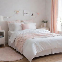 A pristine white bed cover in a little girl's bedroom, surrounded by delicate pastel color decorations, giving off a peaceful and charming atmosphere.