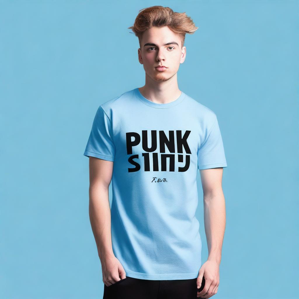 A blue t-shirt with the text 'PUNK STITY' written on it