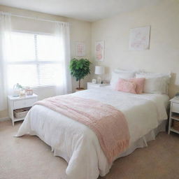 A neatly arranged girl's room showcasing a tidy, white bed cover, with every item in its place, giving a sense of organized beauty and tranquility.