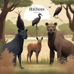 A detailed illustration in the wild featuring a brown lion, a black panther, a brown kob, and a crested crane standing together