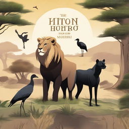 A detailed illustration in the wild featuring a brown lion, a black panther, a brown kob, and a crested crane standing together