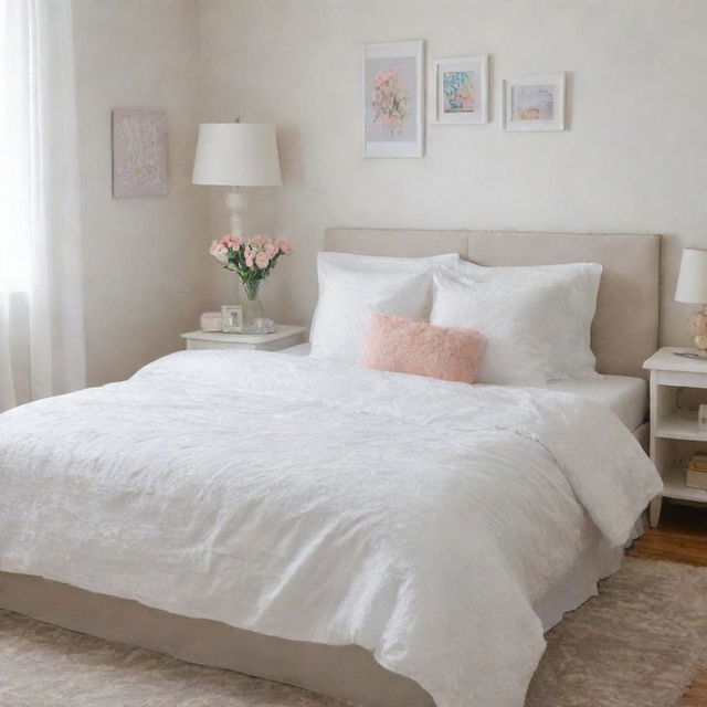 A neatly arranged girl's room showcasing a tidy, white bed cover, with every item in its place, giving a sense of organized beauty and tranquility.