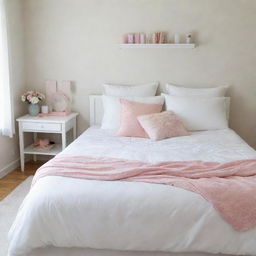 A neatly arranged girl's room showcasing a tidy, white bed cover, with every item in its place, giving a sense of organized beauty and tranquility.