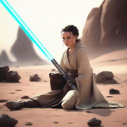 A young female Jedi is lying on the ground, missing one of her legs