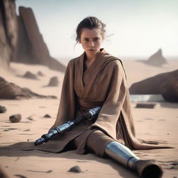 A young female Jedi is lying on the ground, missing one of her legs